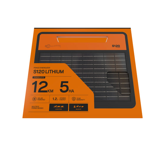 ENERGIZADOR SOLAR DE LITIO PARA CERCO S120 – 12 Km DISTANCIA MULTICABLE